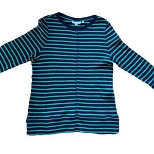 Chico's Women's Navy Teal Striped Knit Long Sleeve Top Regular Size 2